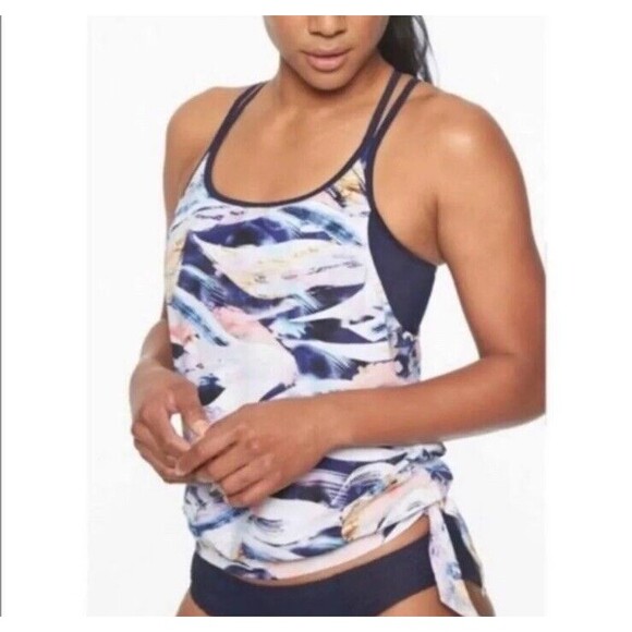Athleta Swim Vivid Tankini Top Size XS White Purple Side Tie Blousy Swimwear - Picture 1 of 7
